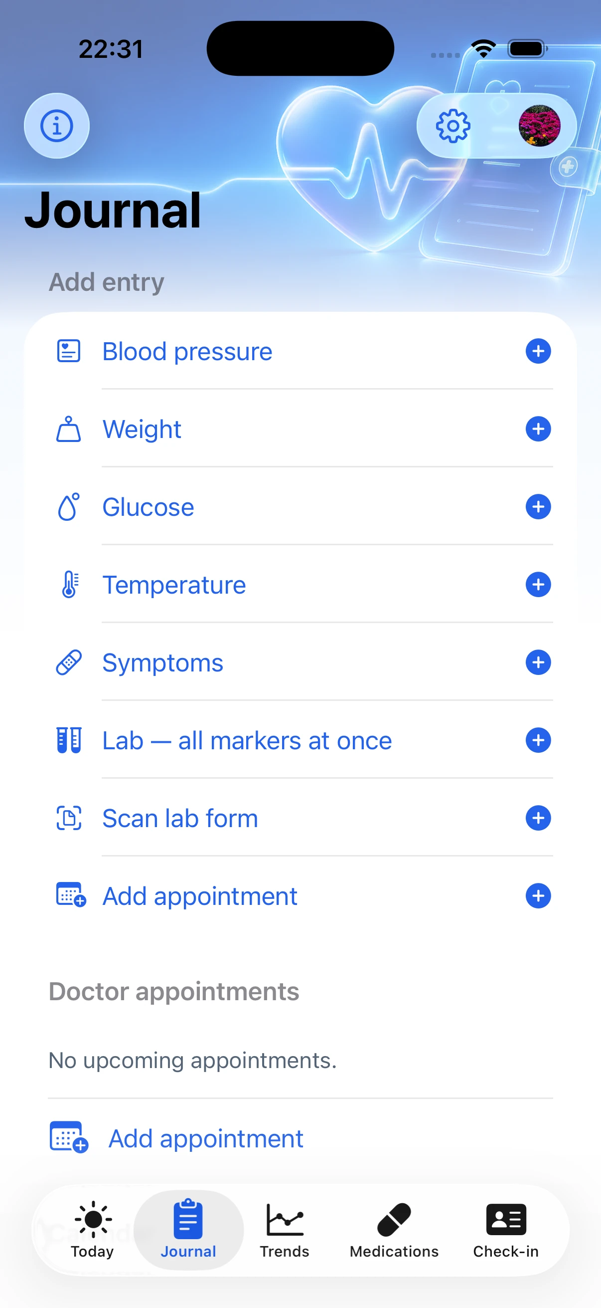 Journal screen with measurements and doctor appointment entries