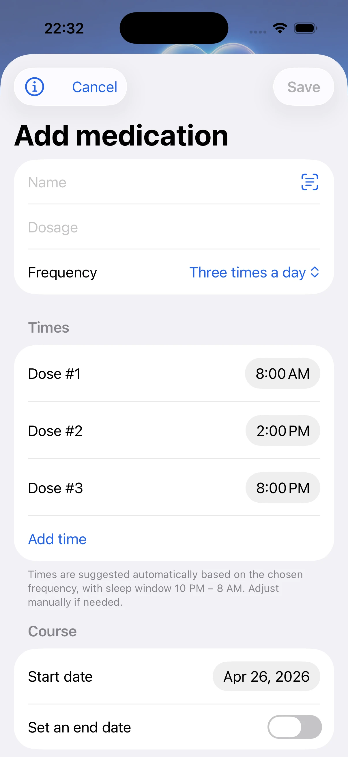 Add medication screen with schedule and dosage