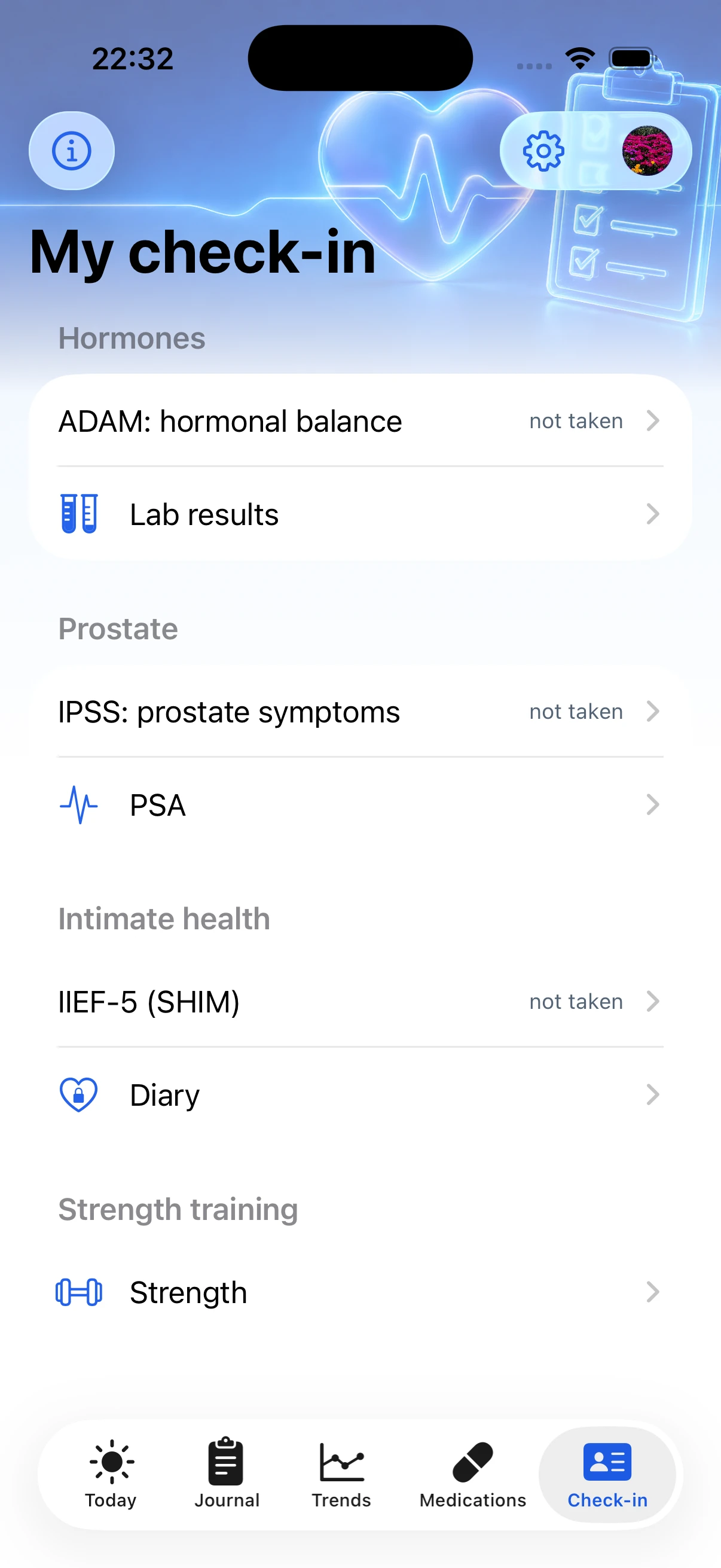 Men's module screen with questionnaires and intimate diary