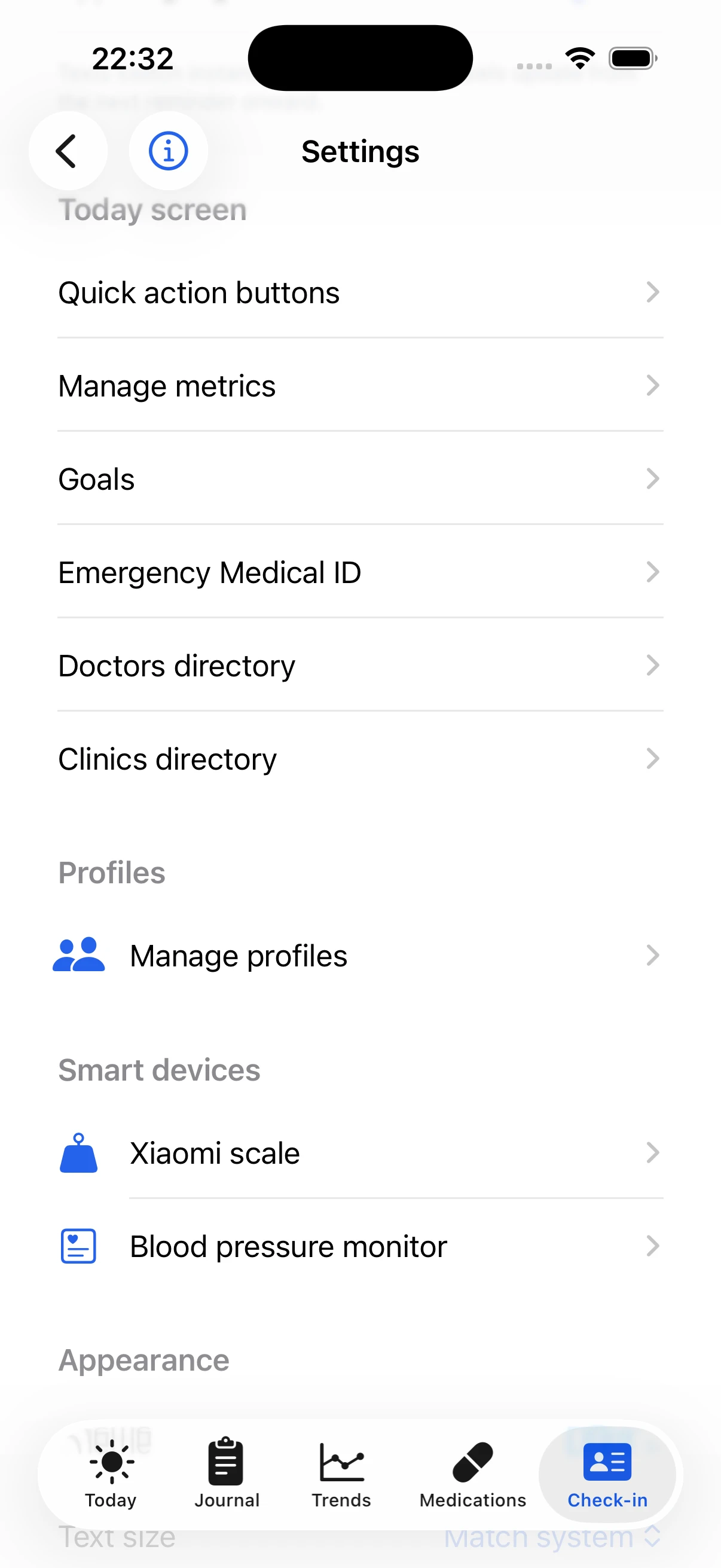 Settings screen with profiles, directories, and smart devices
